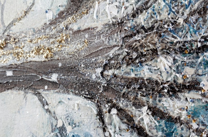 Quadro olio su tela fatto a mano raffigurante albero innevato con elementi in rilievo
